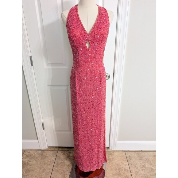 Vintage Y2K Scala Beaded Silk Halter Key Hole Backless Pink Double Slit Gown M - Picture 1 of 15